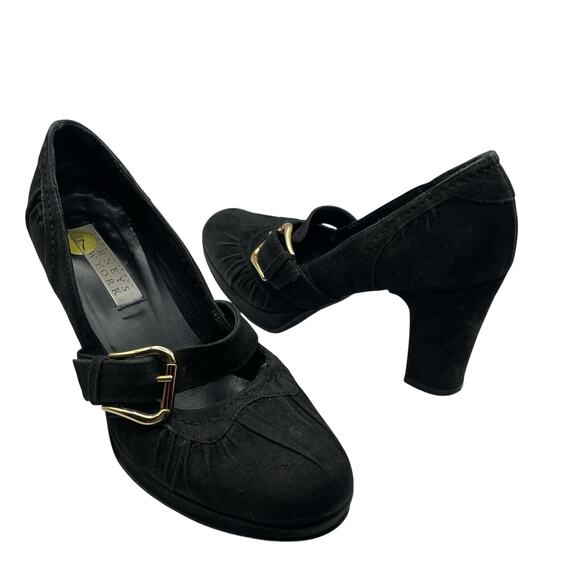 Barneys New York Size 7 Suede Leather Mary Jane Heels Black Y2K Chunky Shoes - Picture 2 of 10